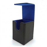 An empty black deck box with blue lining and stitched edges stands with its flap open against a white background.