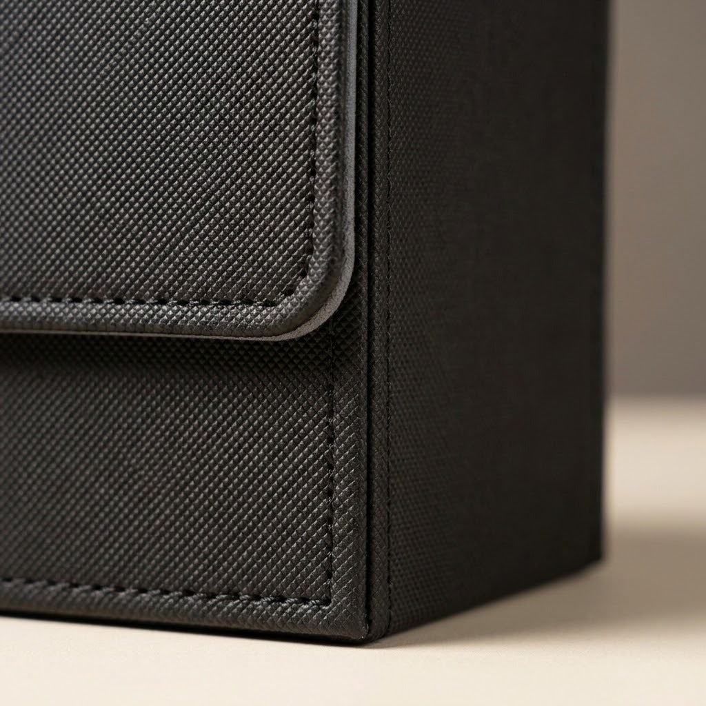 A close-up shows the black deck box's textured exterior, stitched flap, and lower corner on a beige surface.