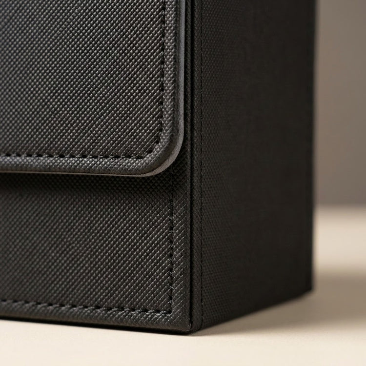 A close-up shows the black deck box's textured exterior, stitched flap, and lower corner on a beige surface.