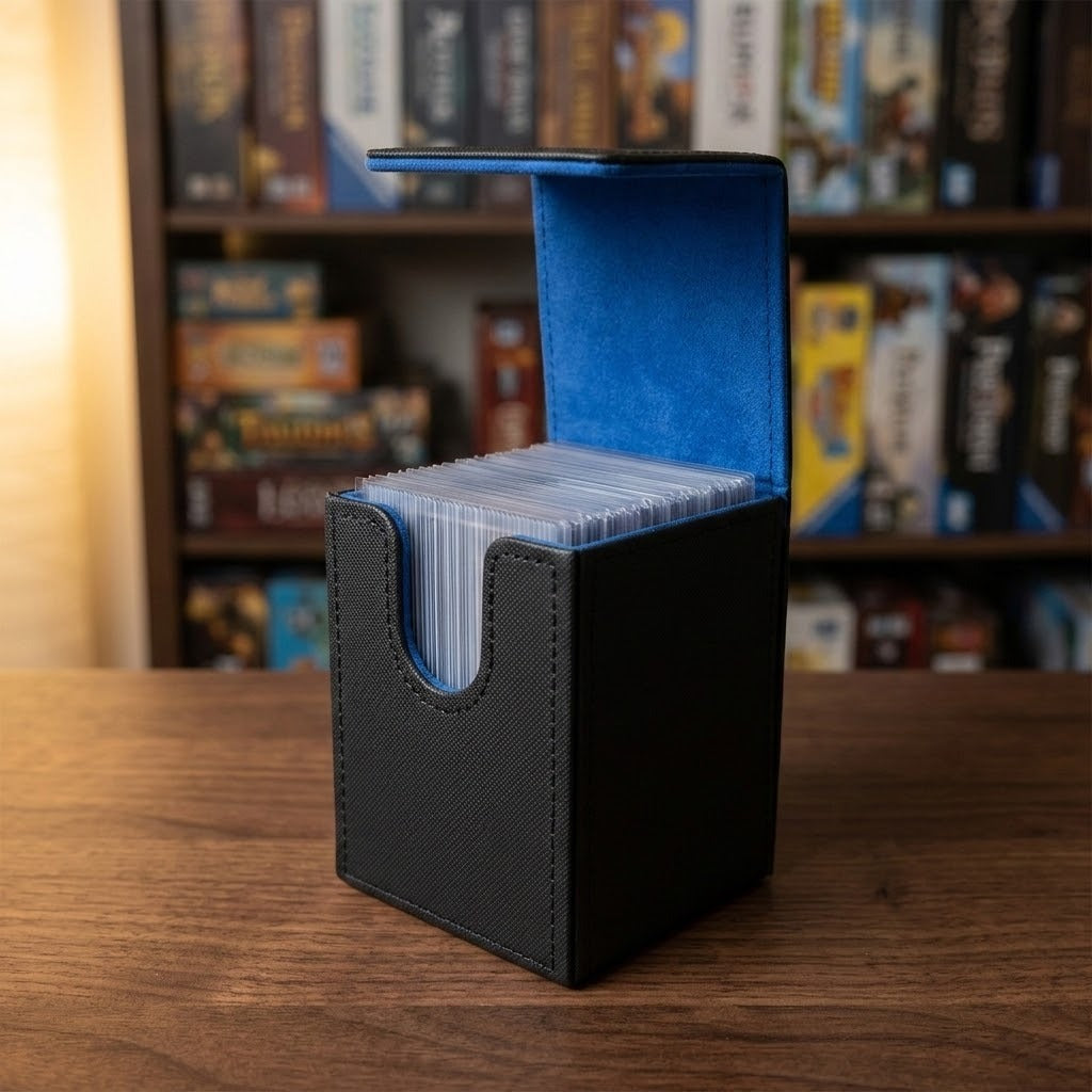 Open black deck box with blue lining holding sleeved cards on a wooden table, with blurred game shelves behind it.