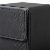A close-up shows the black textured deck box's upper corner and stitched closure flap against a white background.