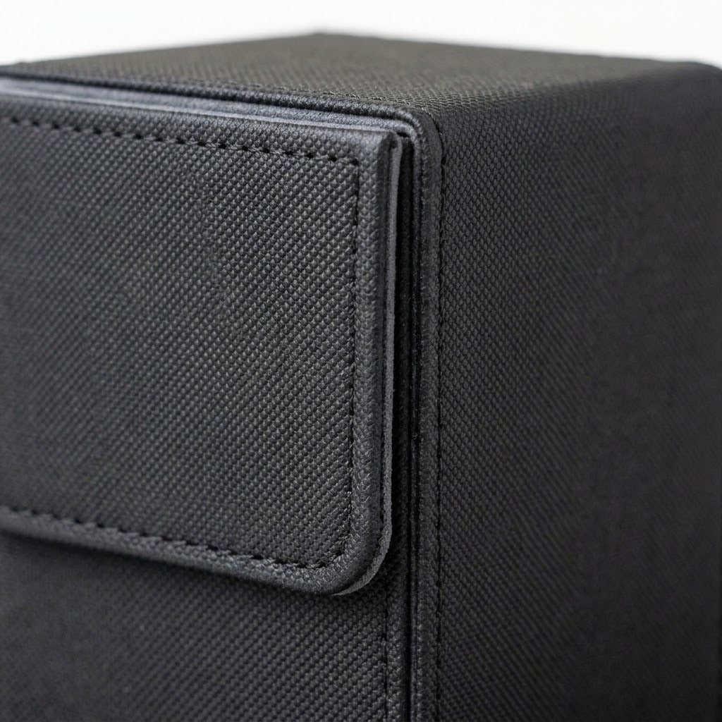 A close-up shows the black textured deck box's upper corner and stitched closure flap against a white background.