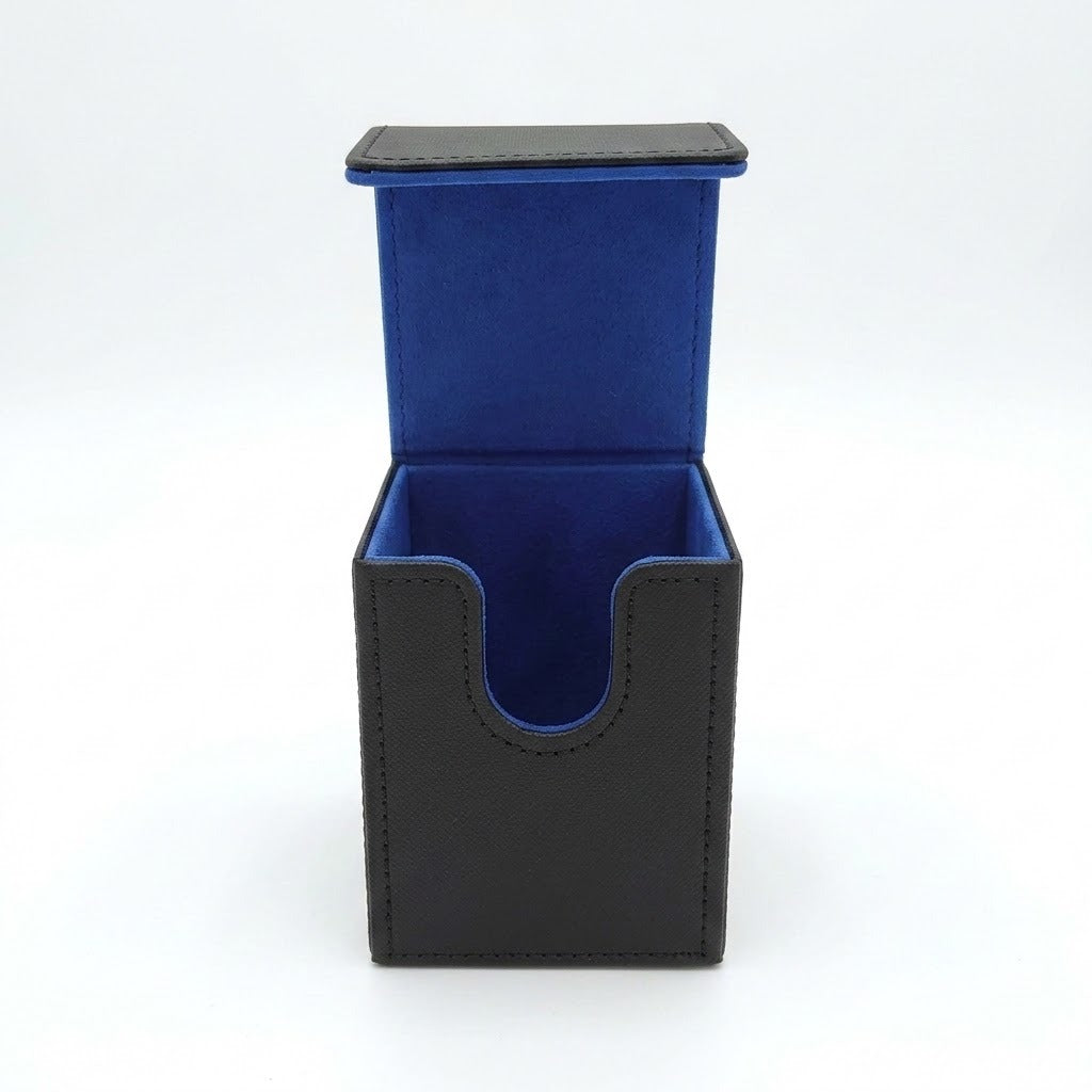 A black faux leather card holder or deck box with an open top, featuring a vibrant blue velvet interior lining.