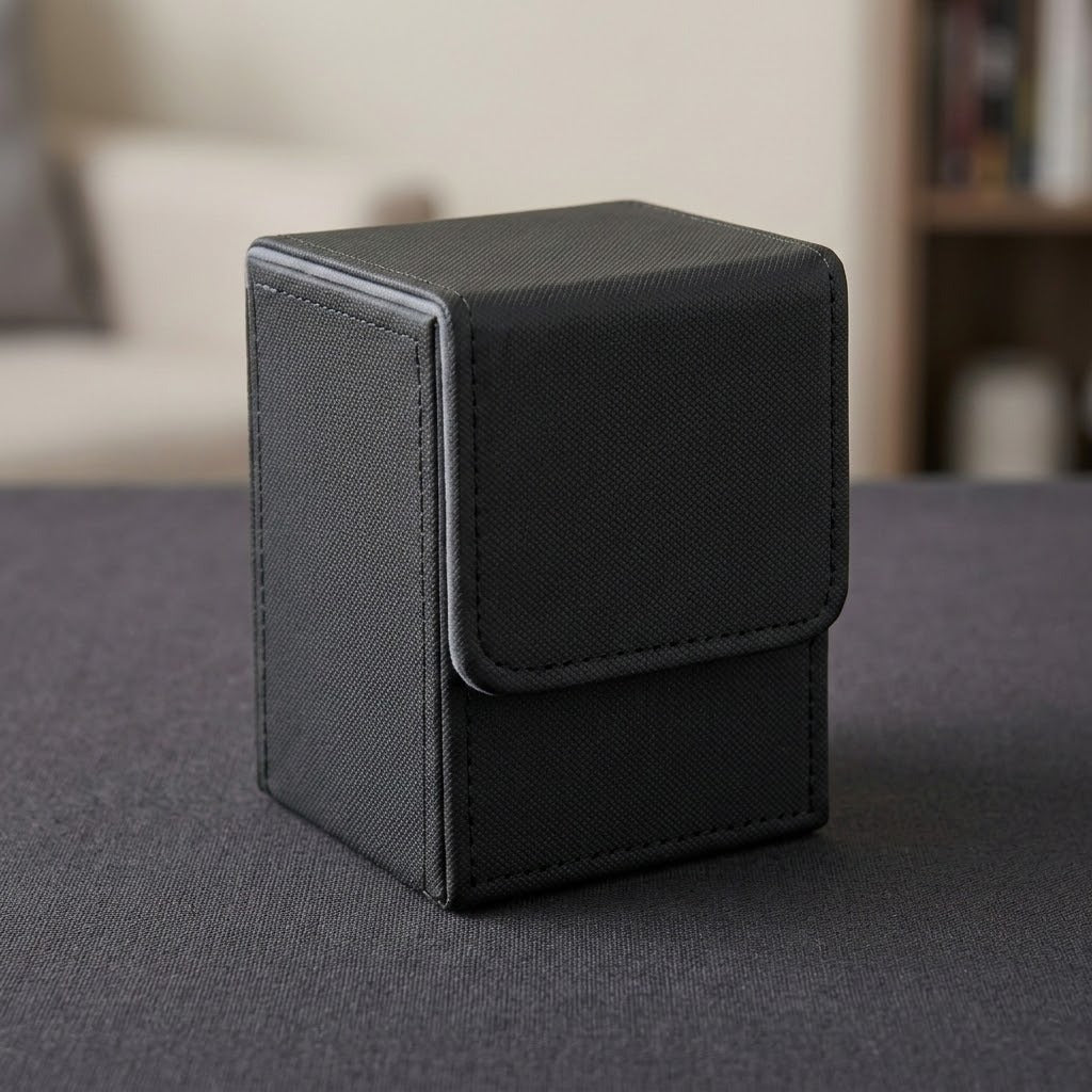 A closed black textured deck box with a stitched front flap stands on a dark gray tabletop in a softly blurred room.