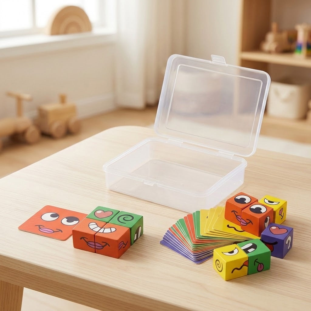 Expression matching game with colorful cubes, reference cards and an open clear storage case on a light wood table.