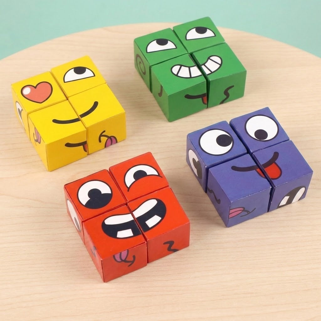 Expression matching game with red-orange, yellow, green and purple cubes grouped into expressions on a pale wood surface against a teal background.
