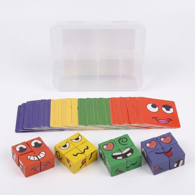 Expression matching game with four colored cube groups, a spread of reference cards and a clear storage case against a white background.