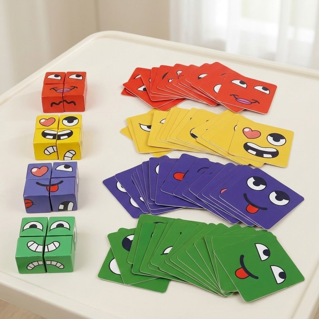 Expression matching game with four colored cube groups beside separate spreads of red, yellow, purple and green cards on a white table.