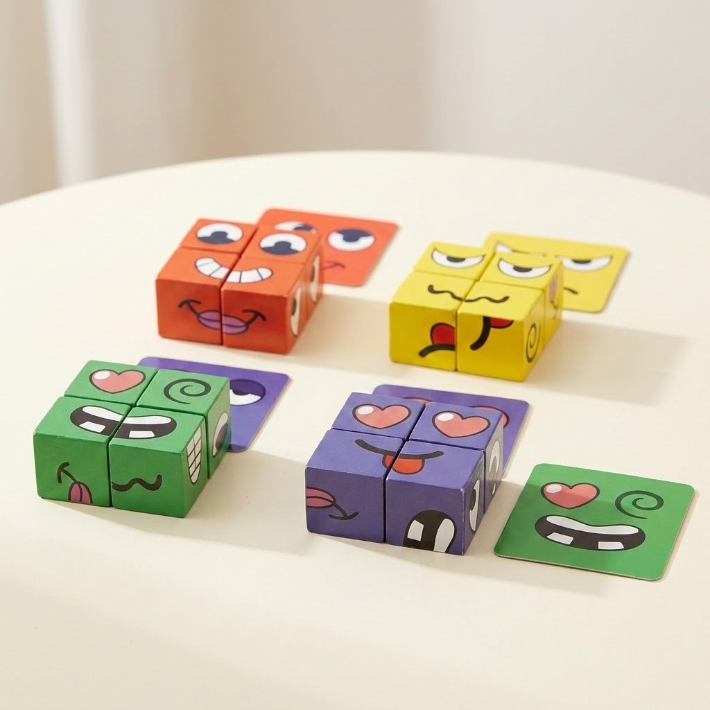 Expression matching game with red-orange, yellow, green and purple cube groups arranged beside expression cards on a cream tabletop.
