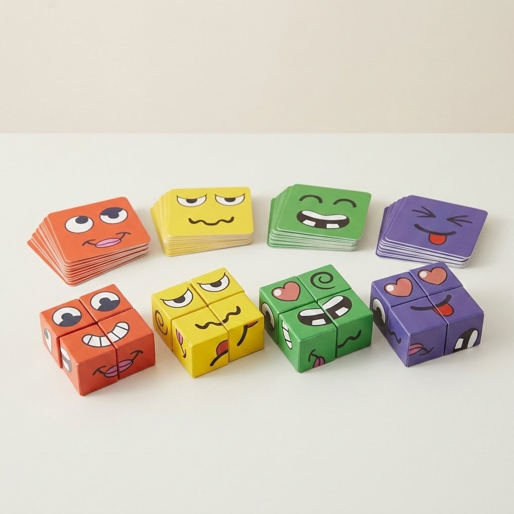 Face matching game with red, yellow, green, and purple block groups below matching stacks of expression cards on a cream surface.