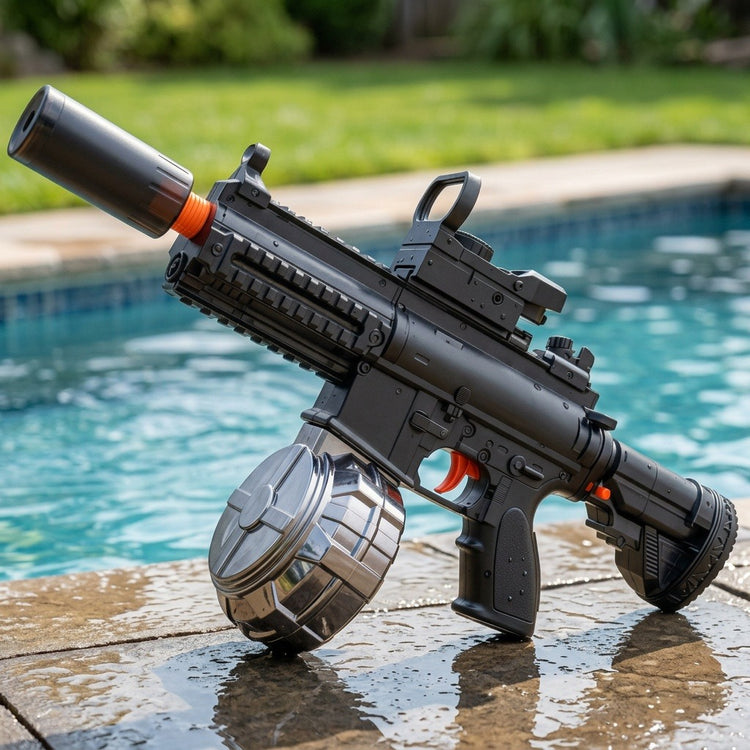 A black electric water gun with orange accents and a silver drum reservoir rests on wet stone beside a swimming pool.