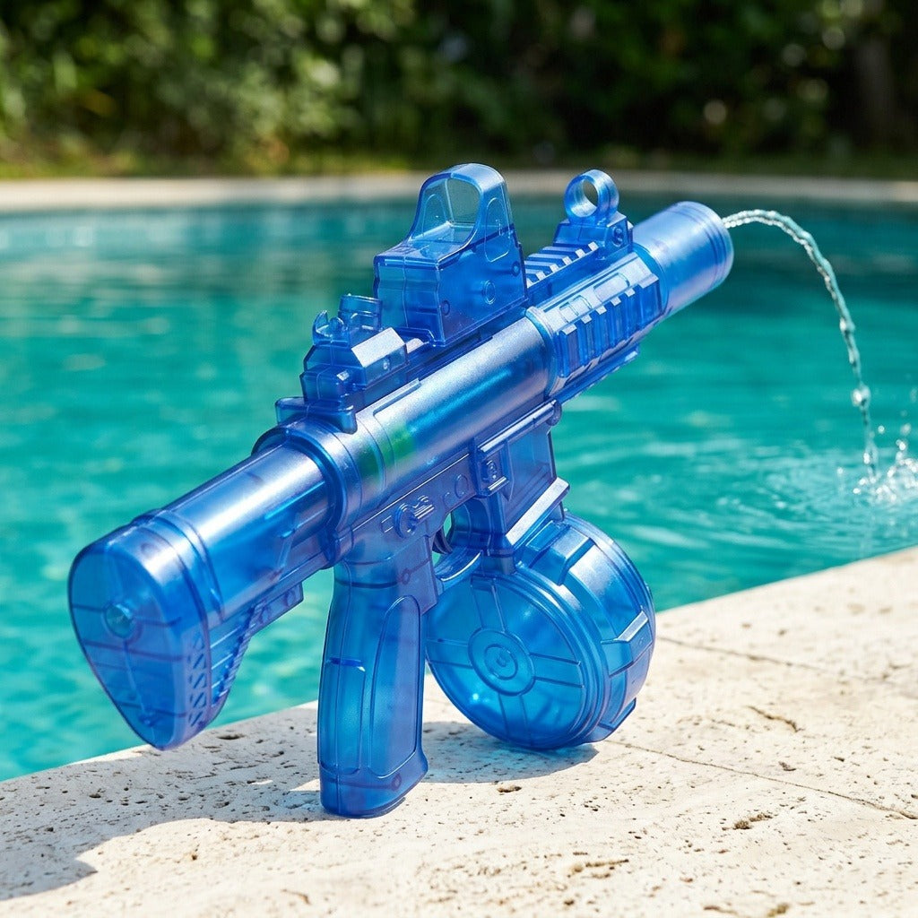 A translucent blue plastic electric water gun rests on pale poolside paving, spraying an arcing stream into turquoise water.