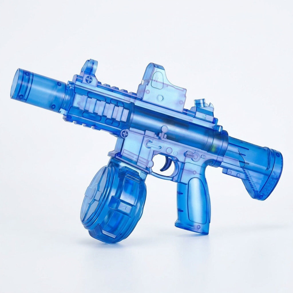 A translucent blue plastic electric water gun with a round drum reservoir and top sight stands against a white background.