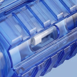 A close-up of the electric water gun shows its translucent blue ridged plastic casing and white internal components.