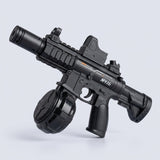 A black electric water gun with a round reservoir, top sight, and short stock is displayed against a light grey background.