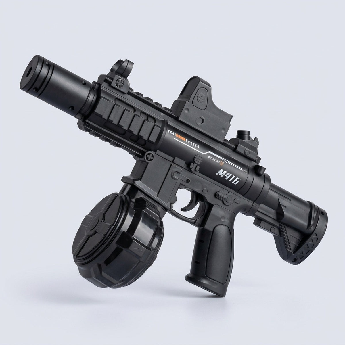 A black electric water gun with a round reservoir, top sight, and short stock is displayed against a light grey background.