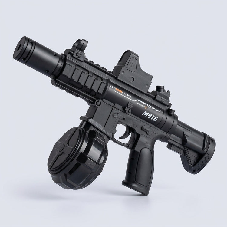 A black electric water gun with a round reservoir, top sight, and short stock is displayed against a light grey background.