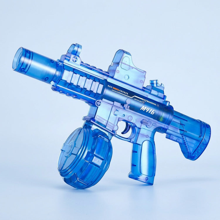 A translucent blue electric water gun with a round reservoir and top sight is displayed against a pale blue background.