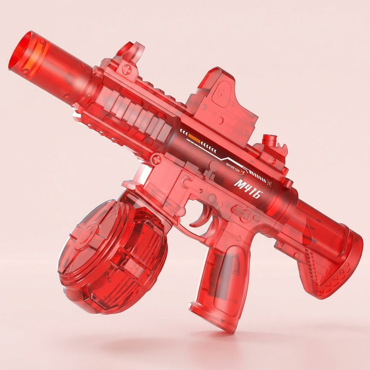 A translucent red electric water gun with a round reservoir and top sight is displayed diagonally against a pale pink background.