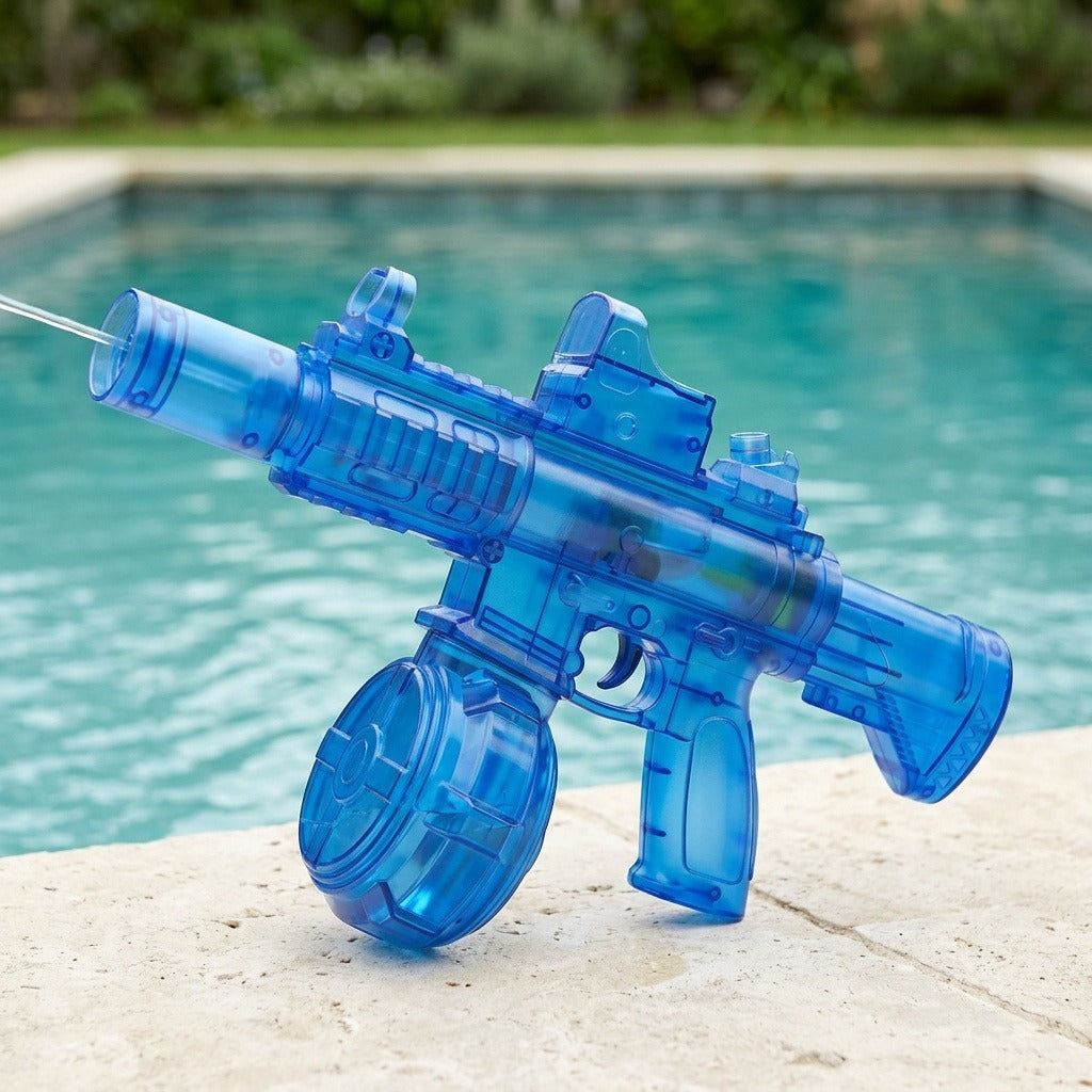 A translucent blue plastic electric water gun with a drum reservoir sprays a narrow stream beside a swimming pool.