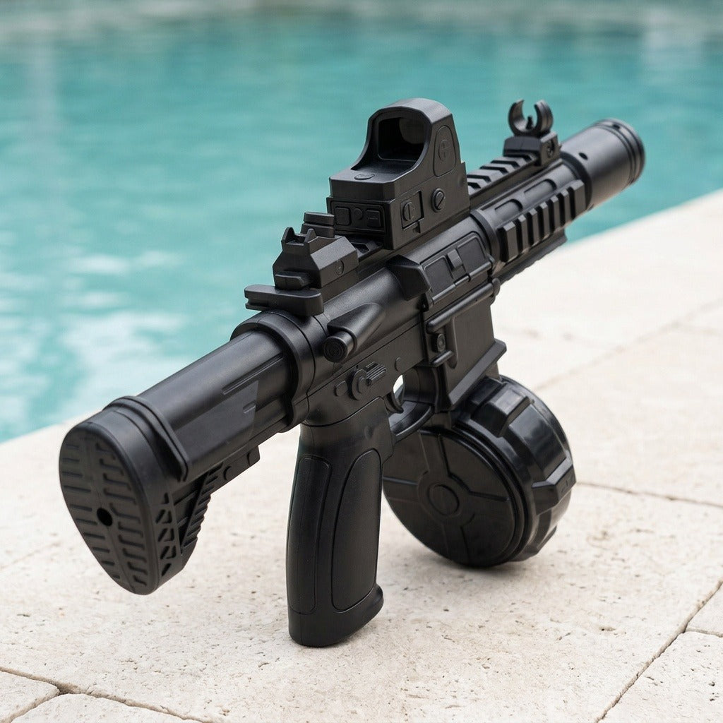 A black electric water gun with a round reservoir and top sight rests on pale paving beside a turquoise pool.