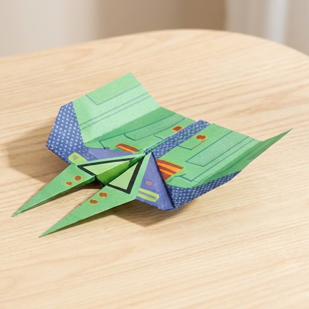 Green and blue pre-printed paper airplane from this origami kit, with broad patterned wings and two pointed tips, rests on a light wooden table.