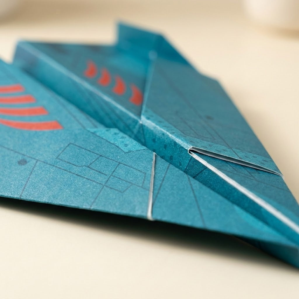 Close-up of a teal-blue paper airplane from this origami kit with red printed accents, resting on a light beige surface.