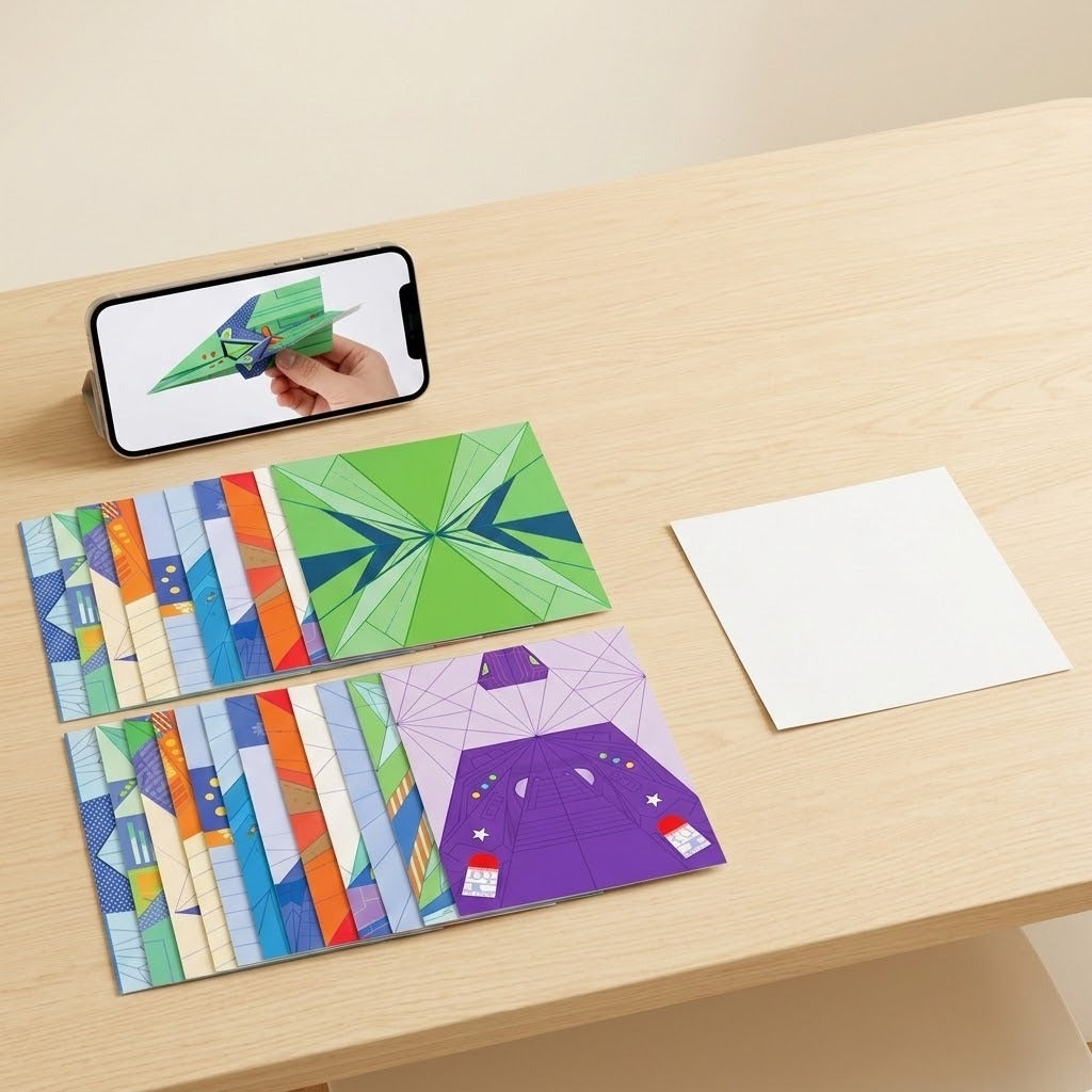Colorful printed origami kit sheets and a blank white sheet sit on a wooden table beside a smartphone showing paper airplane folding.