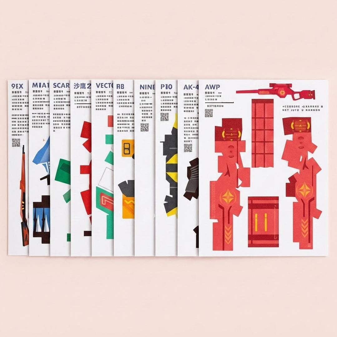 Origami kit with overlapping white paper sheets printed with colorful toy gun templates, including a red design, on a pale pink background.
