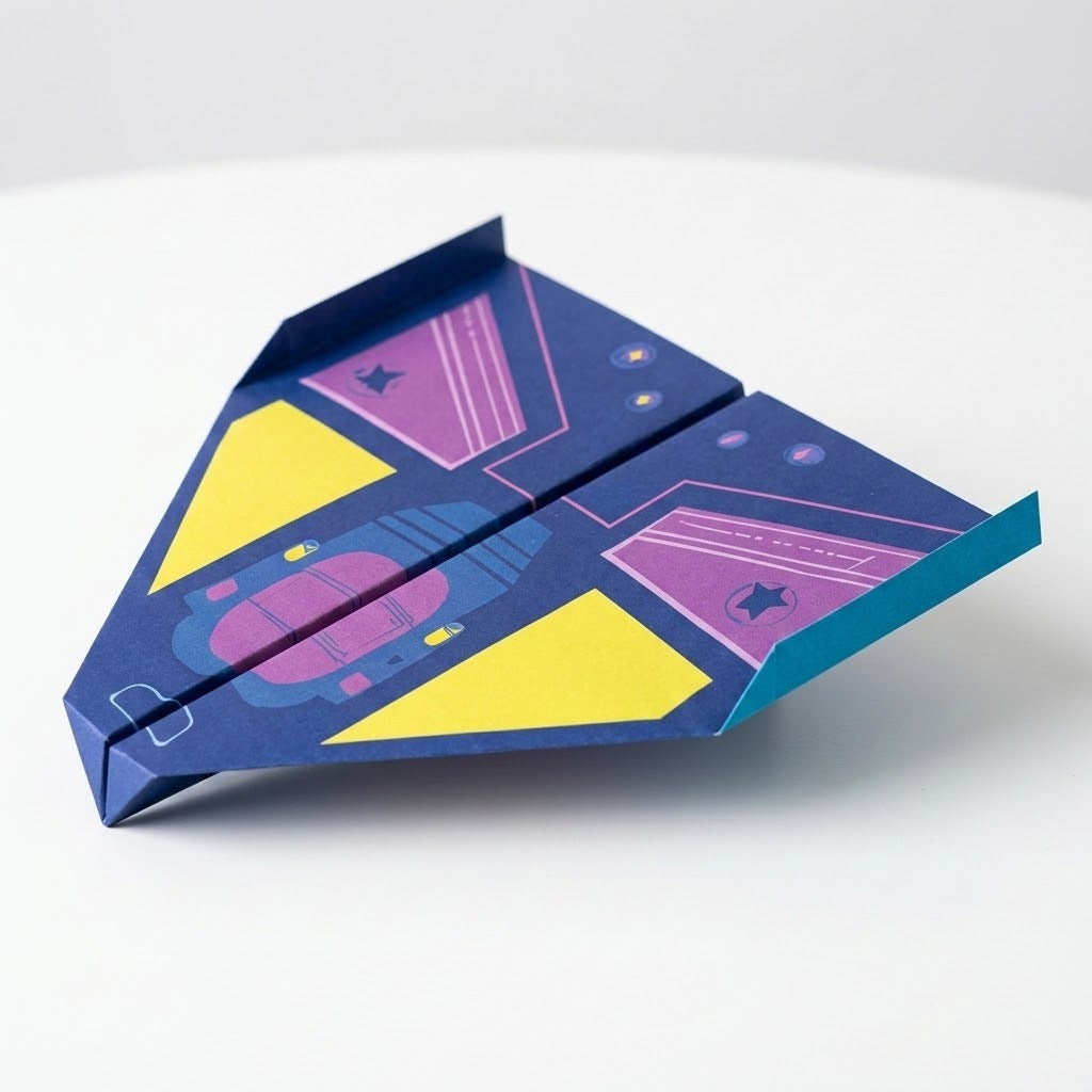 A dark blue paper airplane from the origami kit has yellow and purple graphics and upturned wingtips against a white background.