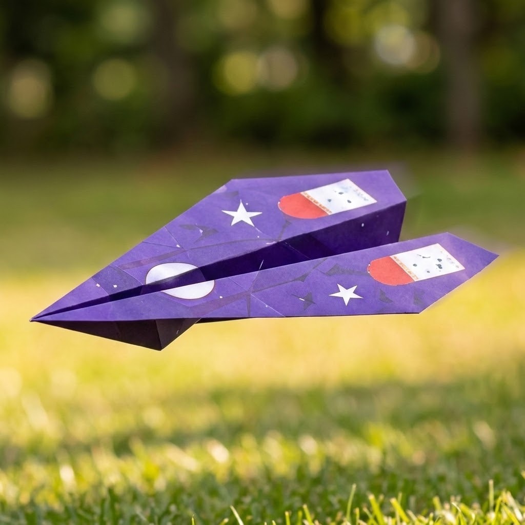 A purple paper airplane from the origami kit flies above sunlit grass, with white stars and red-and-white graphics against blurred greenery.