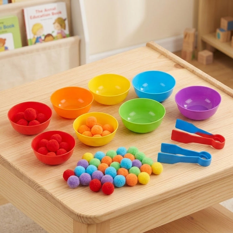 Sorting toy with rainbow plastic bowls, fluffy pom poms and red and blue tweezers on a wooden play table with books behind.