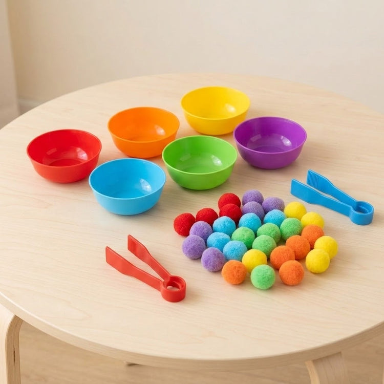 Sorting toy with six colorful plastic bowls, rainbow pom poms and red and blue tweezers on a round wooden table.