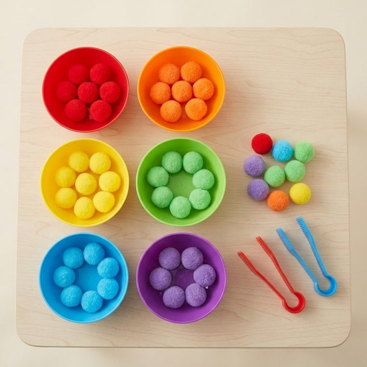 Sorting toy viewed overhead with six plastic bowls holding matching pom poms, loose rainbow pom poms and two tweezers on a wooden tabletop.