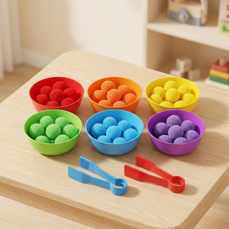 Color sorting toy set with six plastic bowls of matching pom poms and red and blue tweezers on a wooden play table.