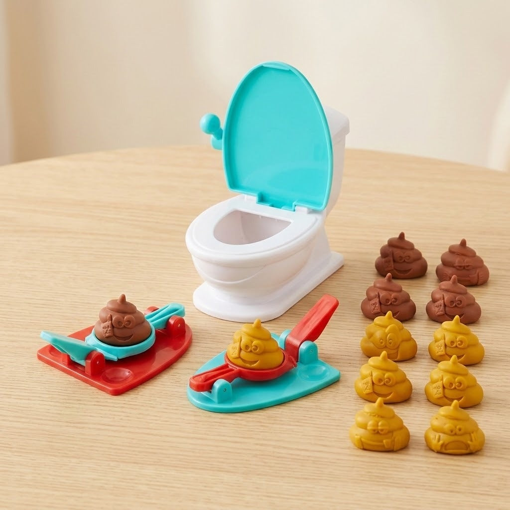 Tabletop game with a white toilet target, turquoise lid, two red-and-turquoise launchers, and brown and yellow toy poops on light wood.