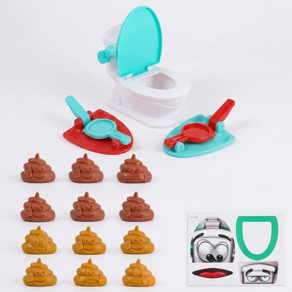 Tabletop game components on white include a toilet target, two red-and-turquoise catapult launchers, twelve brown and yellow toy poops, and stickers.