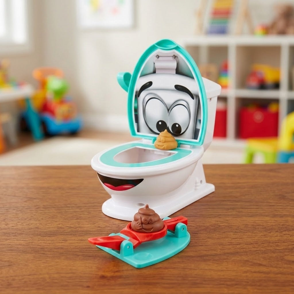 Tabletop game with a cartoon-decorated white-and-turquoise toilet target and a red-and-turquoise launcher holding a brown toy poop on a wooden table.