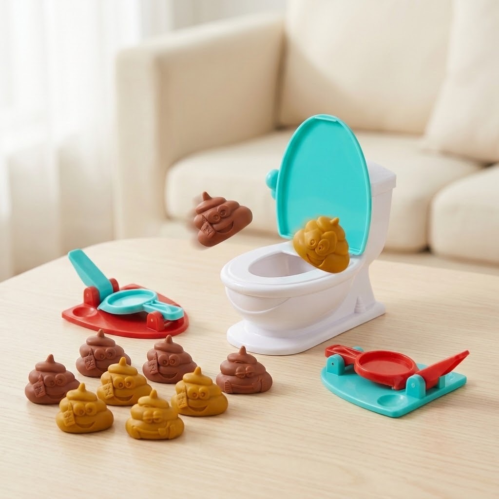 Tabletop game on light wood with two launchers and airborne brown and yellow toy poops beside a white-and-turquoise toilet target.