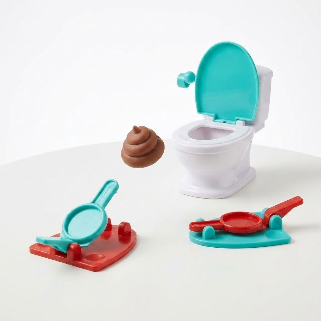 Tabletop game on a white background with a turquoise-lidded white toilet, two red and turquoise launchers, and a brown toy poop airborne.