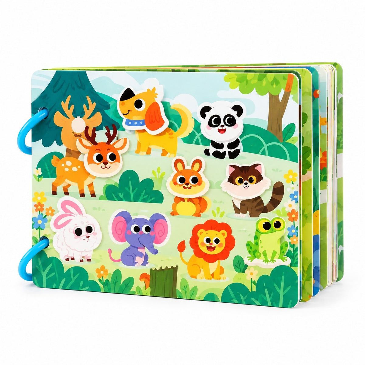 Preschool Sticker Matching Busy Book shown alone on white with its blue rings and layered pages.