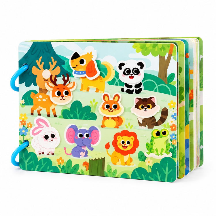 Preschool Sticker Matching Busy Book shown alone on white with its blue rings and layered pages.