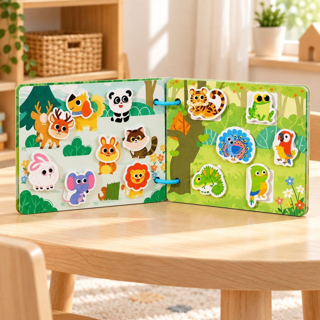 Preschool Sticker Matching Busy Book open on a playroom table for a calm hands-on activity.