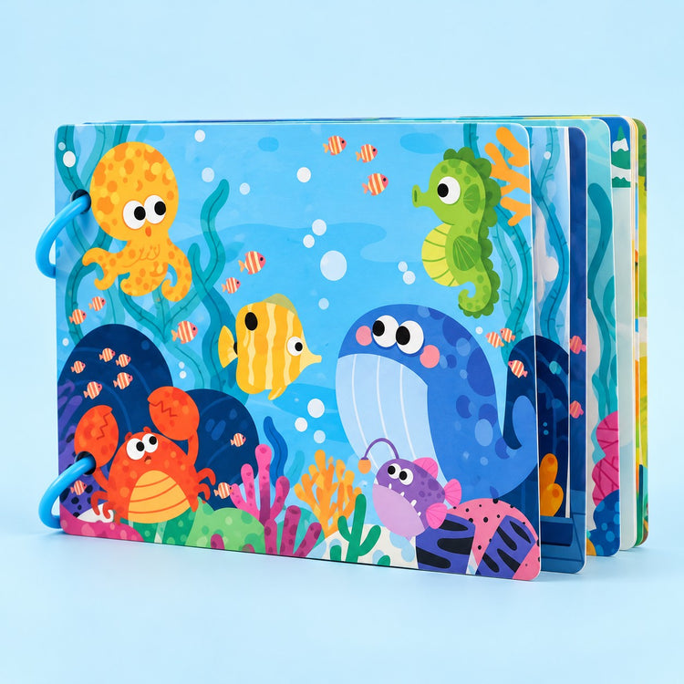 Preschool Sticker Matching Busy Book shown closed with its colorful ocean cover and thick ring-bound pages.