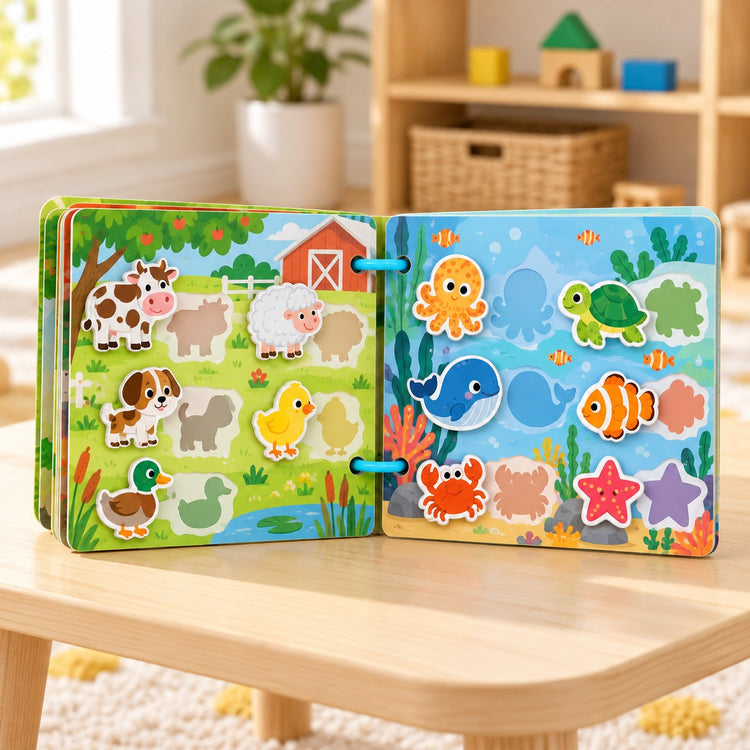 Preschool Sticker Matching Busy Book lies open on a playroom table with picture-based activity pages visible.