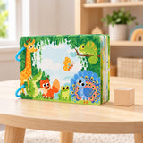Preschool Sticker Matching Busy Book sits beside a wooden block to show its scale and thick page stack.