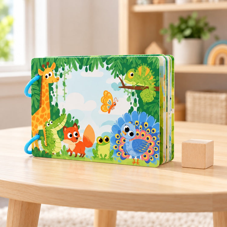 Preschool Sticker Matching Busy Book sits beside a wooden block to show its scale and thick page stack.