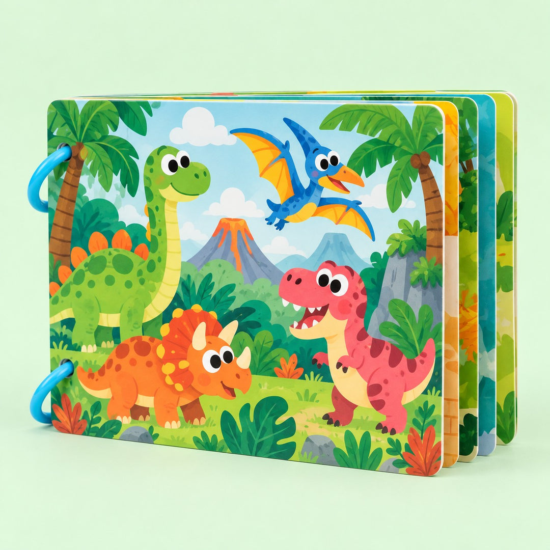 Preschool Sticker Matching Busy Book in Dinosaur style shows a green dinosaur cover on a mint backdrop.