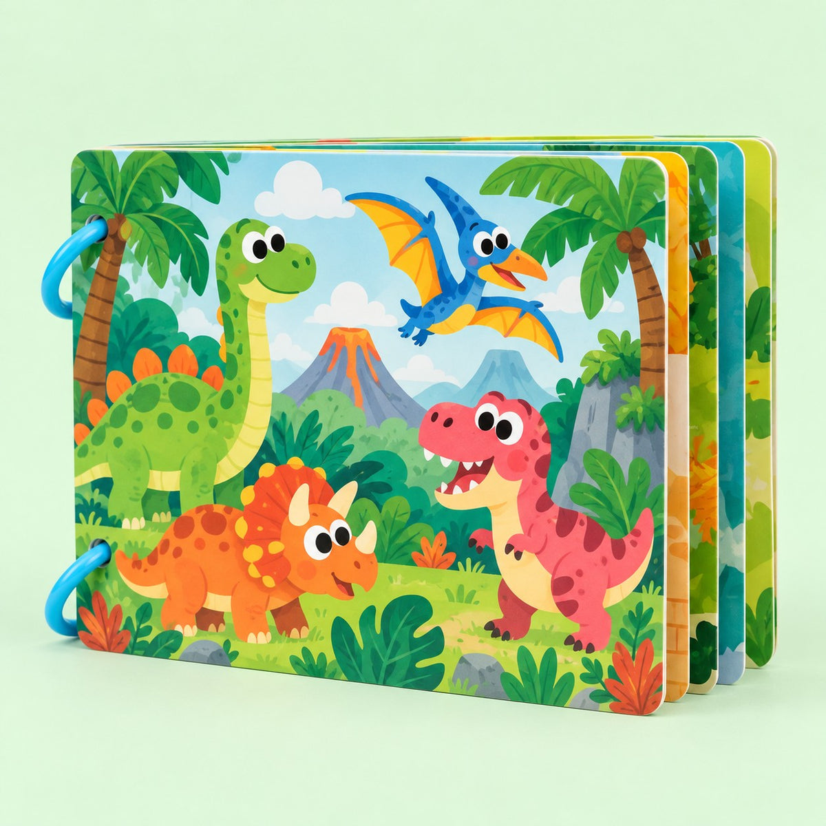 Preschool Sticker Matching Busy Book in Dinosaur style shows a green dinosaur cover on a mint backdrop.