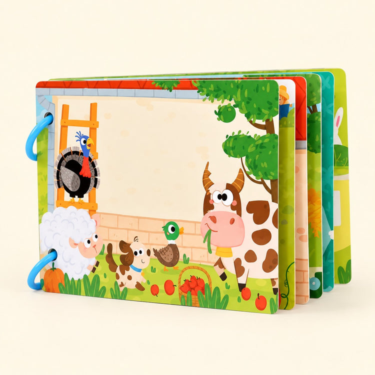 Preschool Sticker Matching Busy Book in Farm Animals style shows a farm cover on a warm cream backdrop.